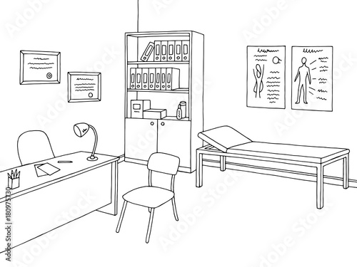 Doctor office graphic black white interior sketch illustration vector