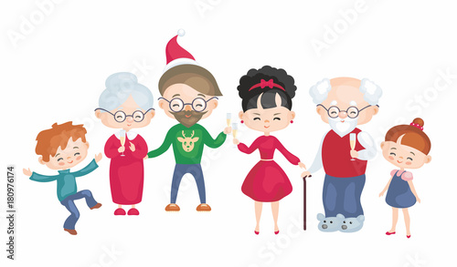 The happy family celebrates Christmas. Vector illustration in cartoon style.