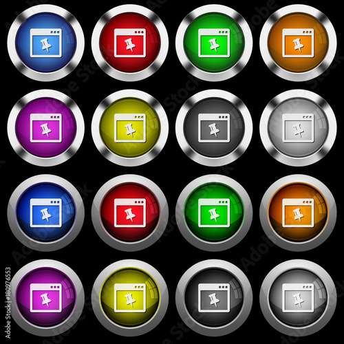 Application pin white icons in round glossy buttons on black background
