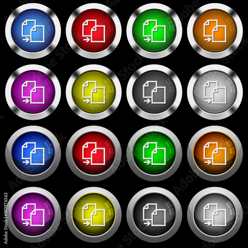 Copy item white icons in round glossy buttons on black background