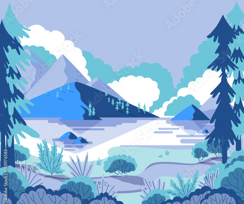 Winter landscape with mountains, pines and hills. Vector illustration © kateja