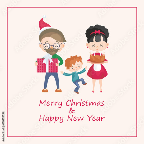 Greeting card with the image of the happy family celebrating Christmas. Vector illustration in cartoon style.