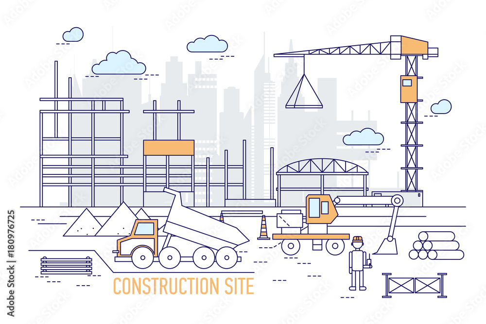 Construction site or area with constructed building, crane, excavator, dump truck, engineer wearing hard hat against silhouettes of skyscrapers on background. Vector illustration in line art style.
