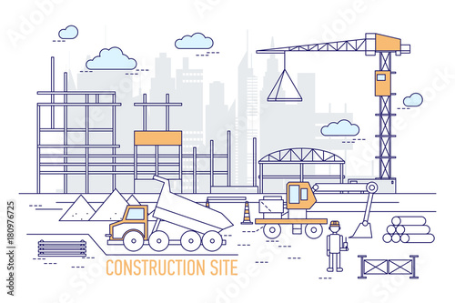 Construction site or area with constructed building, crane, excavator, dump truck, engineer wearing hard hat against silhouettes of skyscrapers on background. Vector illustration in line art style.