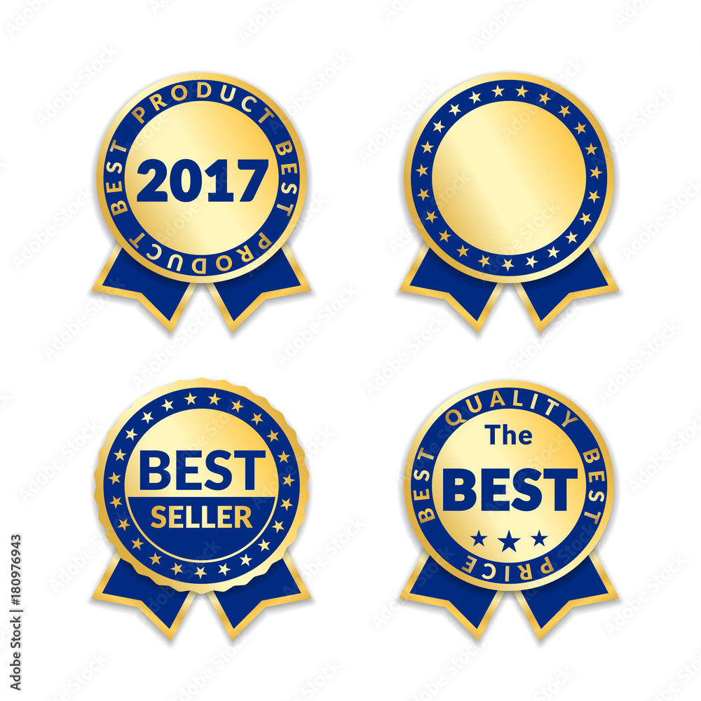 Top Seller 3d Gold Badge With Blue Ribbon Royalty Free SVG