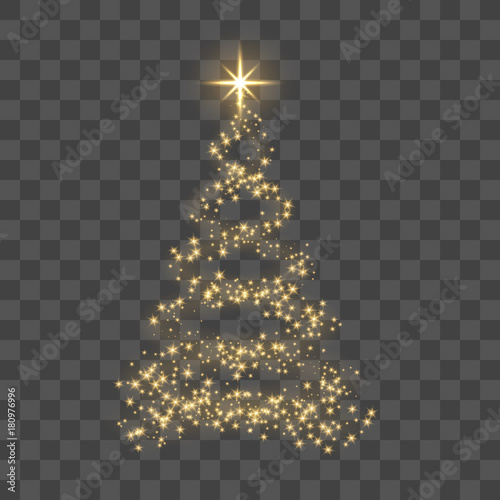 Christmas tree on transparent background. Gold Christmas tree as symbol of Happy New Year, Merry Christmas holiday celebration. Golden light decoration. Bright shiny design Vector illustration