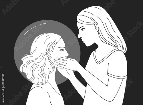 Young female character holding head of another woman hand drawn in black and white colors. Concept of empathy, psychological aid, self reflection, introspection. Monochrome vector illustration.