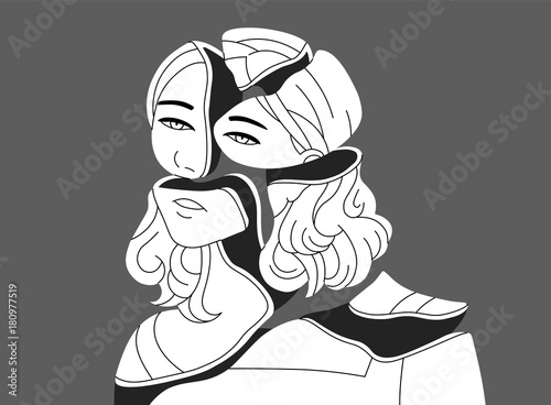 Depressed young woman broken into pieces. Concept of ego death or complete loss of self identity, fatigue, mental disorder or psychological problem. Vector illustration in black and white colors.