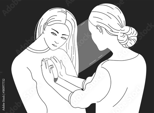 Female character looking inside another woman. Concept of psychotherapy, psychoanalysis, psychotherapeutic work, psychological aid, mental health care. Vector illustration in black and white colors.