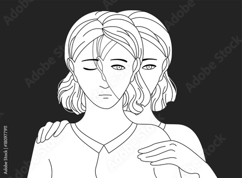 Woman standing behind her sad copy and putting hands on her shoulders. Concept of self aid, support, care and help, inner adult or parent, introspection. Vector illustration in black and white colors.