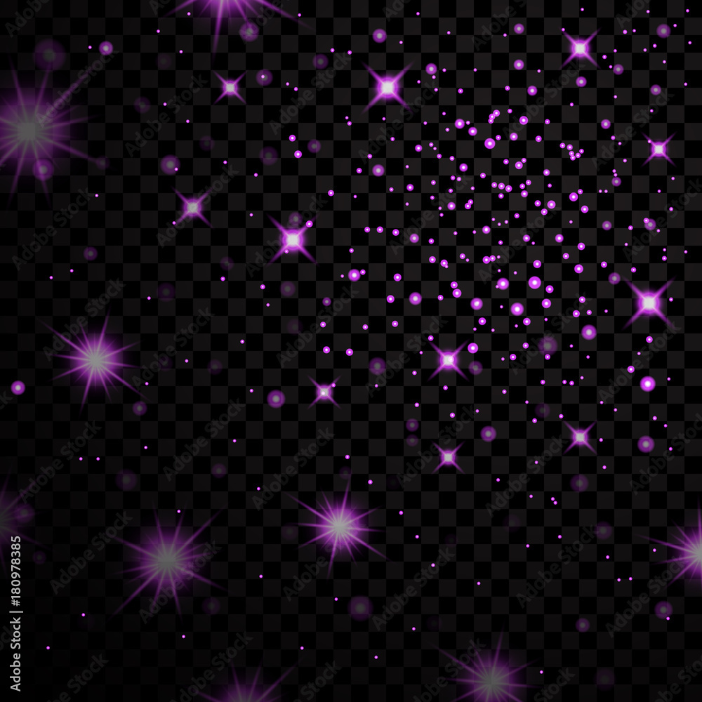 Pink stars black night sky on transparent background. Abstract bokeh glowing space design. Starry milky way. Galaxy golden starlight shine sparkle. Shiny fantasy glow in dark Vector illustration