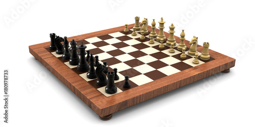 Valokuva 3d rendered Chess battle on wood board isolated on white background