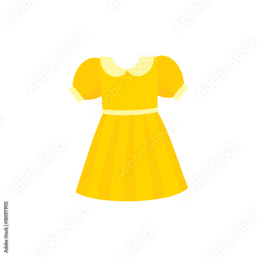Yellow flare dress with round collar and balloon sleeves, cartoon vector illustration isolated on white background. Pretty girlish dress with round collar, flare dress, belt and balloon sleeves
