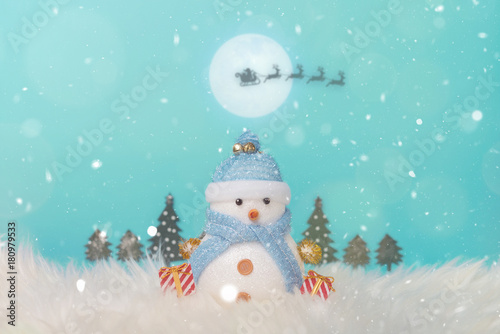 Happy snowman standing in winter christmas snow background. Merry christmas and happy new year greeting card with copy-space. Christmas celebration holiday background. © kamon_saejueng
