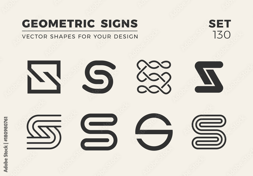 Set of eight minimalistic trendy shapes. Stylish vector logo emblems for Your design. Simple geometric signs collection. - obrazy, fototapety, plakaty 