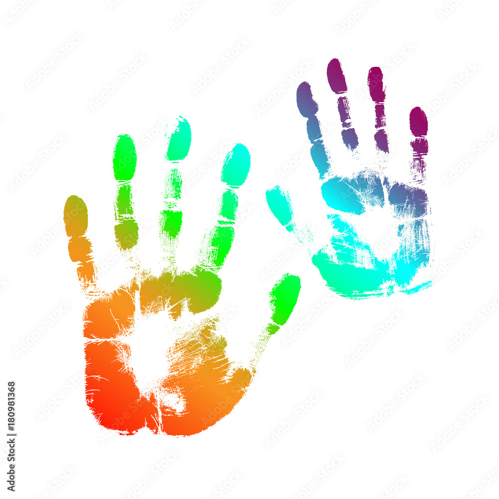 Rainbow print of hand of human, cute skin texture pattern,vector grunge illustration. Scanning the fingers, pleft and right palm on white background. Fingerprint gay and lesbian equality symbol LGBT.. Rainbow print of hand of human, cute skin texture pattern,vector grunge illustration. Scanning the fingers, pleft and right palm on white background. Fingerprint gay and lesbian equality symbol LGBT..