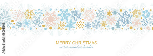 Seamless snowflake border decoration isolated on white background, Christmas design for greeting postcard. Vector illustration, merry xmas flake header or banner, wallpaper or backdrop decor