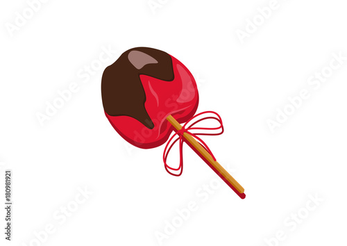 Red apple in chocolate and sweet sprinkles with stick in it. Simple vector illustration on white background. Merry Christmas and New Year Holiday. Eps 10.