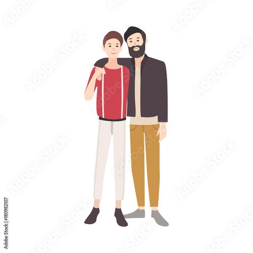 Pair of young men dressed in stylish clothing smiling, standing together and embracing. Gay couple. Beautiful male cartoon characters isolated on white background. Colorful flat vector illustration.