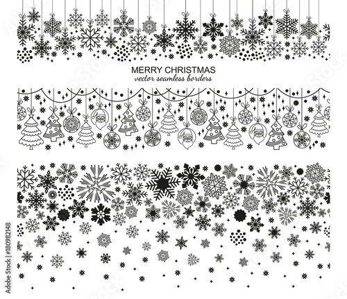 Seamless snowflake border set, white background, Christmas design. Vector illustration, merry xmas flake header or banner, wallpaper or backdrop decor