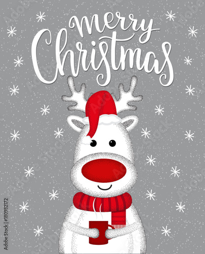 Vector christmas card with cute reindeer in santa hat
