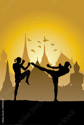 Silhouette of Thai Boxers fighting, Vector