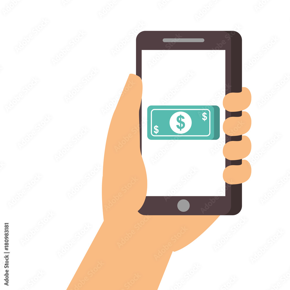 hand holding smartphone banknote money payment online vector illustration