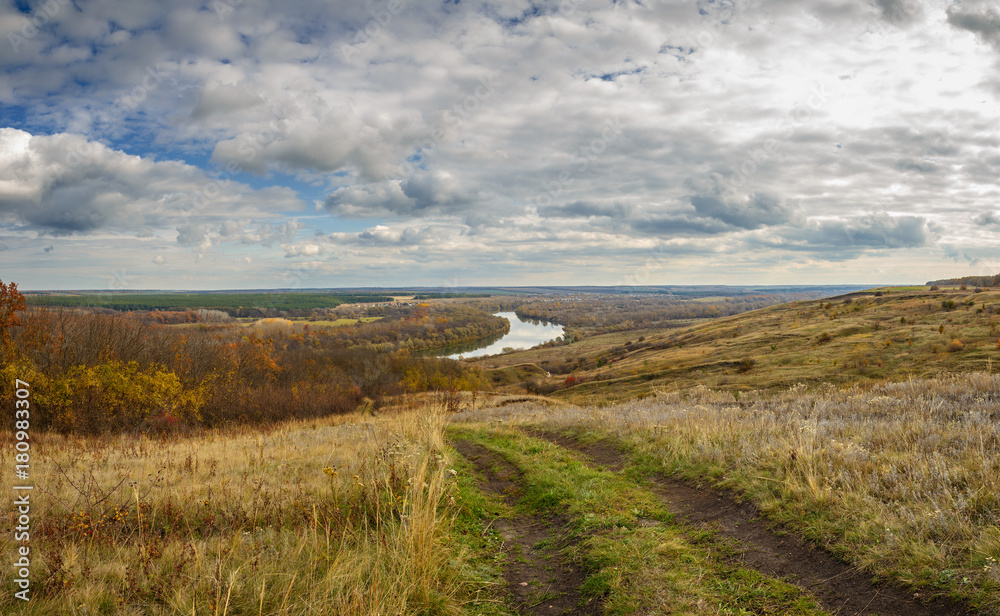 Panoramic view of the Don river valley. Autumn landscape. Country road.