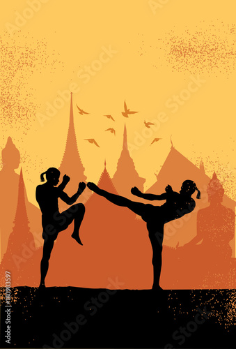 Silhouette of Thai Boxers fighting, Vector