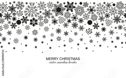 Festive seamless snowflake header isolated on white background, Christmas design for invitation or greeting card. Vector illustration, merry xmas flake border or banner, wallpaper or backdrop decor