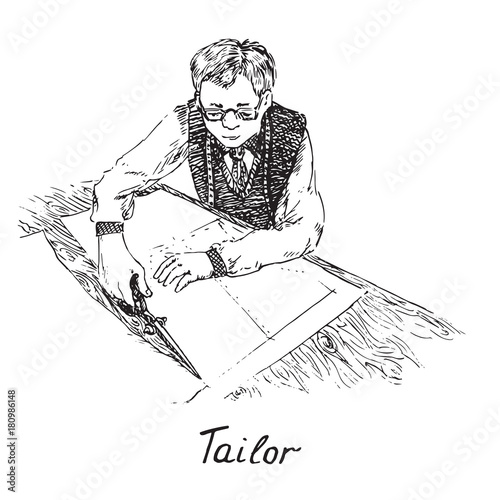 Tailor in glasses at work cutting on table coat pattern, hand drawn doodle sketch, black and white vector illustration