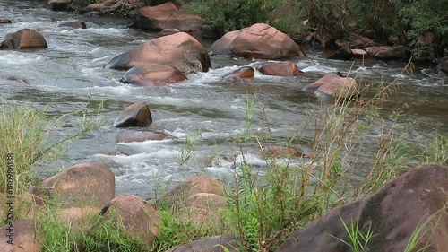 Flow of river with rock and green forest in Nan Thailand