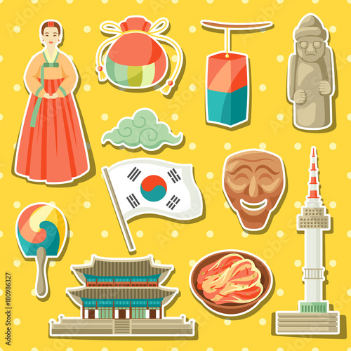 Korea icons set. Korean traditional sticker symbols and objects
