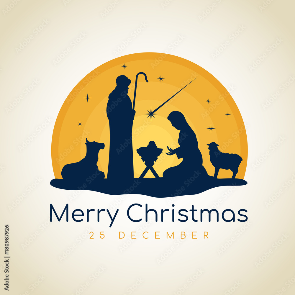 Obraz premium Merry Christmas banner sign with Nightly christmas scenery mary and joseph in a manger with baby Jesus vector design