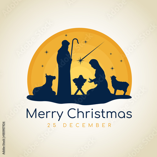Merry Christmas banner sign with Nightly christmas scenery mary and joseph in a manger with baby Jesus vector design