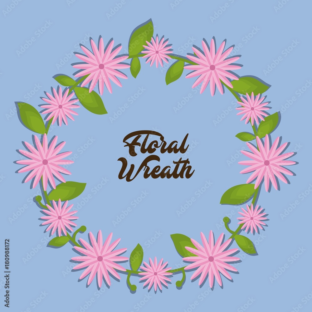 decorative wreath with pink flowers over blue background colorful design vector illustration