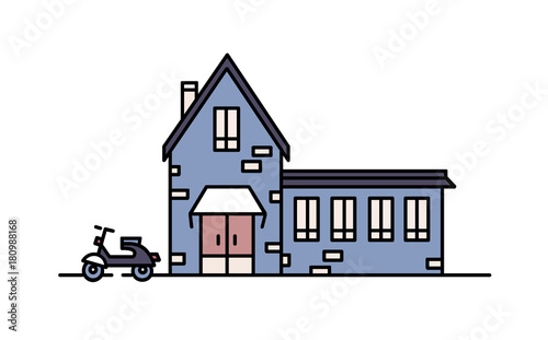 Living house built with bricks in modern architectural style and scooter park...