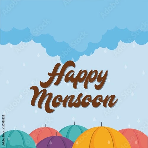 happy monsoon design with colorful umbrellas icon over blue background vector illustration