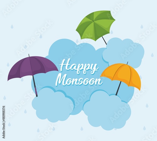 happy monsoon design with colorful umbrellas icon over blue background vector illustration