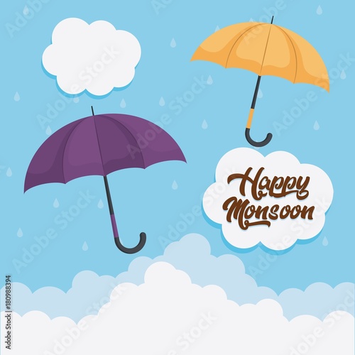 happy monsoon colorful design with yellow and purple umbrellas icon over blue background vector illustration