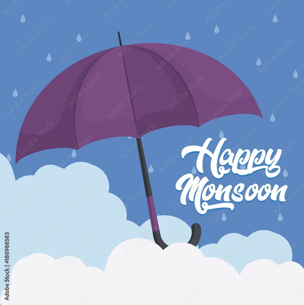 happy monsoon colorful design with purple umbrella icon over blue background vector illustration happy monsoon colorful design with purple umbrella icon over blue background vector illustration