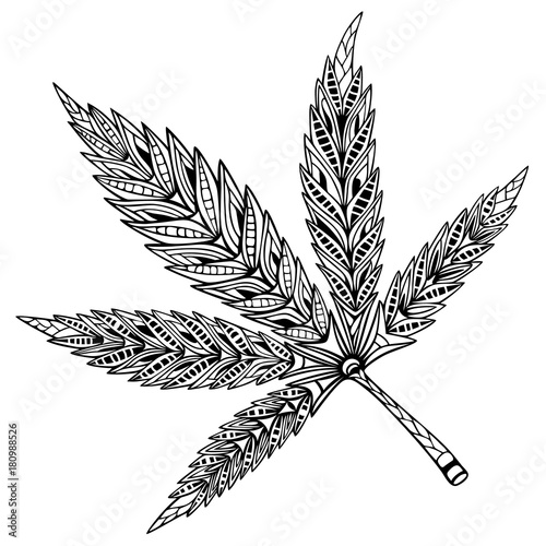 Cannabis leaf. Doodle and zentangle style. Hand drawn coloring book. Vector illustration.