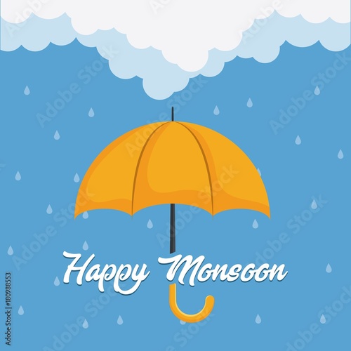 happy monsoon colorful design with yellow umbrella icon over blue background vector illustration