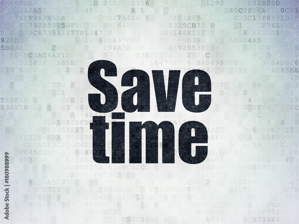 Naklejka premium Time concept: Painted black word Save Time on Digital Data Paper background