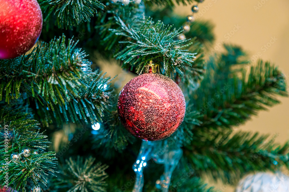 Christmas decorations on the branches of fir tree Christmas decorations on the branches of fir tree