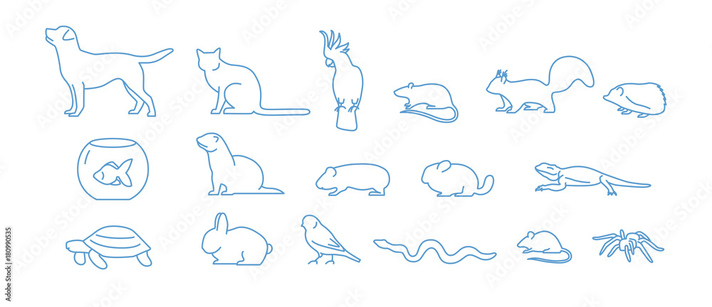 Collection of pet icons drawn with blue contour line on white background. Set of domestic animal linear symbols. Vector illustration.