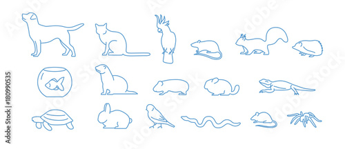 Fototapeta Naklejka Na Ścianę i Meble -  Collection of pet icons drawn with blue contour line on white background. Set of domestic animal linear symbols. Vector illustration.