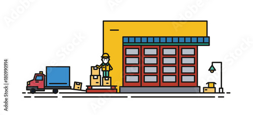 Warehouse with roller shutter and worker in hard hat loading cargo boxes into truck. Commercial building for storage of goods isolated on white background. Vector illustration in lineart style.
