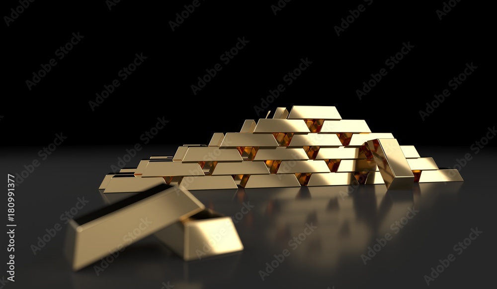 3D Rendering Of Gold Bars On Dark Background With Reflection