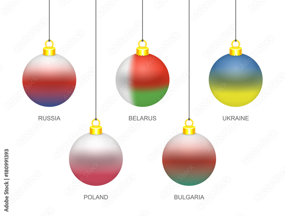 Set of 5 Christmas balls in the colors of European countries. Russia, Belarus, Ukraine, Poland and Bulgaria. Conceptual vector illustration